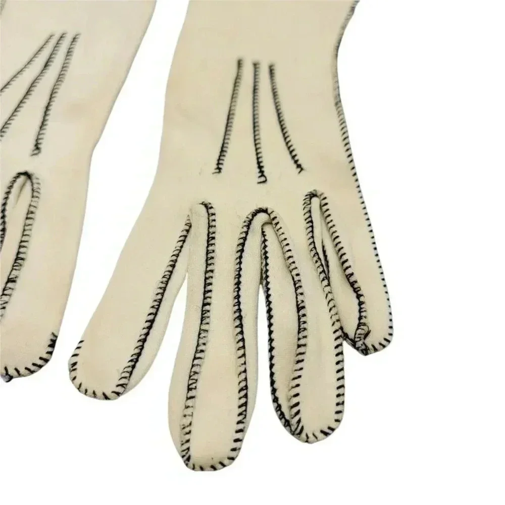 Beige Black Stitched Vintage Driving Gloves Cotton Womens Mid Century